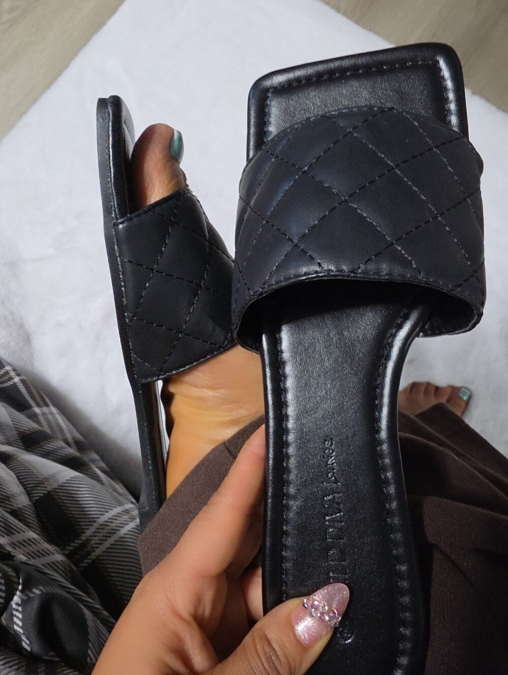 Black Quilted Square Toe Slide Sandals - Picture 8 of 9